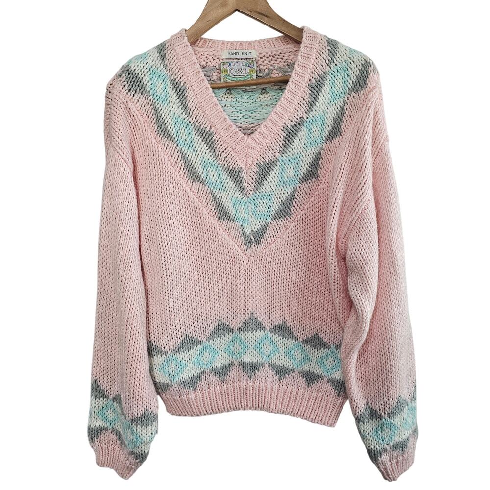 Vintage Chunky Hand Knit Sweater Womens Lg Pink Glam Preppy Granny Cottage Retro